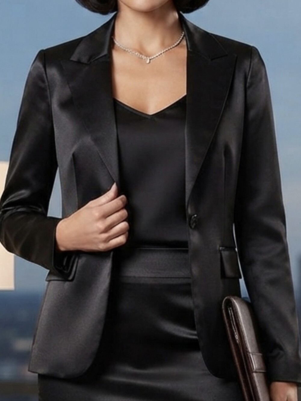 Moda International Black Satin Single-Button Tailored Blazer